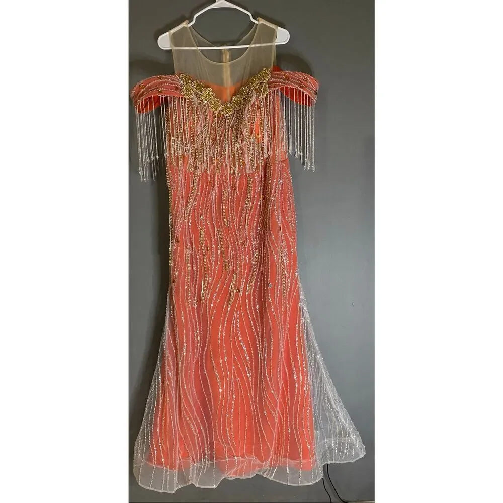 Sheer Overlay Sequins Bead Embellishments Illusion Neckline Dress 112x151CM
